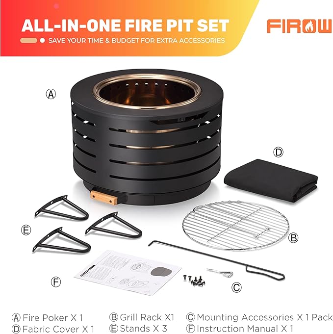 Smokeless Fire Pit, 23 Inch Fire Pit for Outside with Removable Ash Pan, Outdoor Firepit Ideal for Camping,Bonfire and Backyard, Include Fire Poker, Firepit Cover and Grill Rack