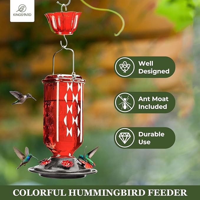 Kingsyard Glass Hummingbird Feeder for Outdoor Hanging, 24 Ounces, 6 Feeding Ports, Bird Nectar Feeder for Garden Décor, Ant Moat Included, Red