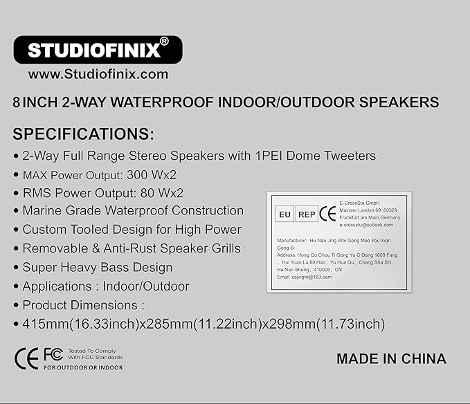 STUDIOFINIX 8-Inch 600W Passive Outdoor Speakers, IP44-Rated Waterproof, Wired Connection, Wall-Mountable All-Weather Speakers for Patio, Indoor, Deck, Yard (1 Pair, Black)