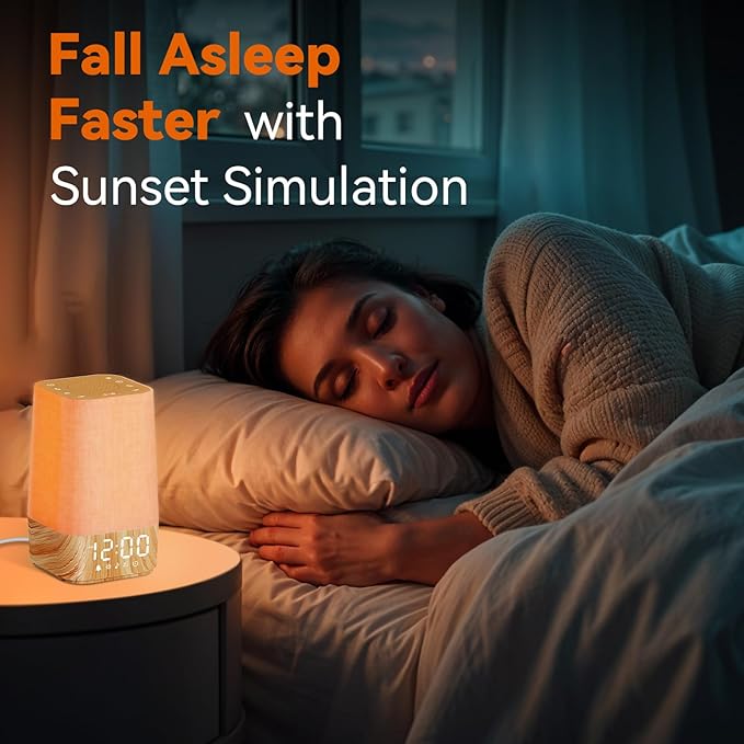 Sunrise Alarm Clock with Noise Machine: Digital Alarm Clock for Bedrooms, Nature Sounds for Gentle Wake Up, 30 Sleep Sounds, Adjustable Brightness & Volume, Timer - Wood Grain