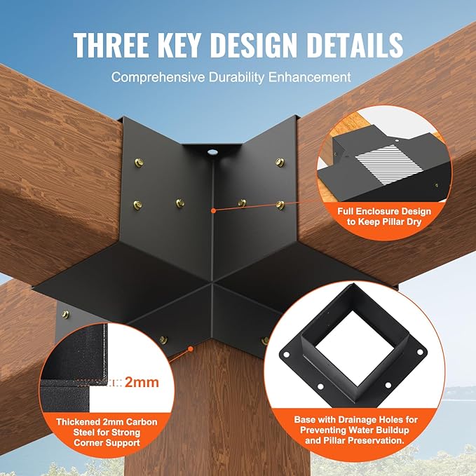 VEVOR Pergola Bracket Kit, 6x6 Inch (Inner Size 5.5x5.5), 2 Pcs 4-Way Heavy Duty Corner Bracket Woodworks DIY Post Base Kit, Easy Installation Wooden Beams for Gazebos, Patio Pergolas, Log Cabin