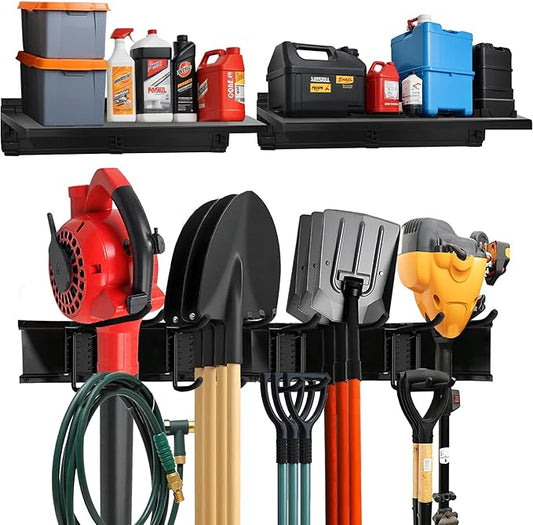 Heavy-Duty Garage Wall Storage System | Wall Mounted Tool Organizer Rack with Shelving | 10-Piece Mounting Kit | Includes 4x10β Double-Layered Hooks & 2x16.5β Floating Utility Shelves