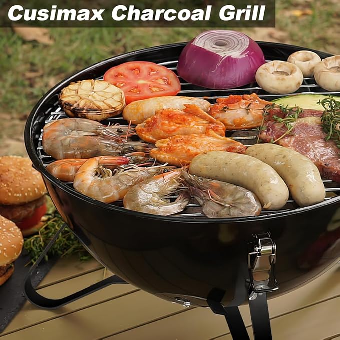 Charcoal Grill, CUSIMAX 14.5'' Portable BBQ Grill, Outdoor Mini Grill, Lid with Integrated Thermometer and Wooden Handle, Tabletop Grill for Camping Backyard and Anywhere Outdoor Cooking, Black