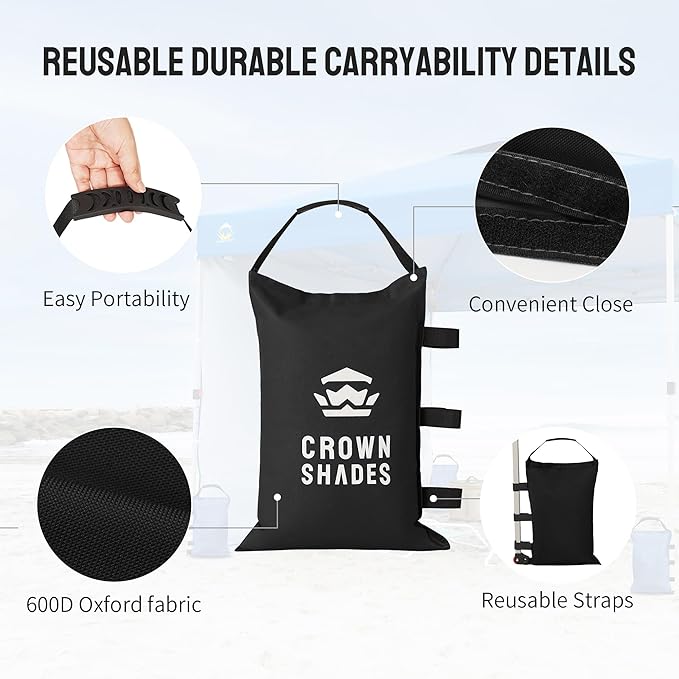 CROWN SHADES Sand Bags for Canopy Legs (120 LBS) Sandbags for Weight, Canopy Weights, Pop Up Tent Weights Bags, Black (Unfilled)