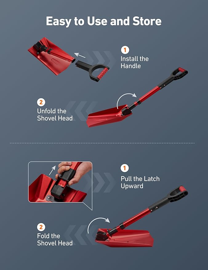 AstroAI 38.4" Folding Snow Shovel for Car, Extendable Snow Shovel with Thickened Aluminum Handle and Reinforced Iron Hinge, Portable and Multifunctional for Cars, Snowmobiles, Camping and Mud, Red