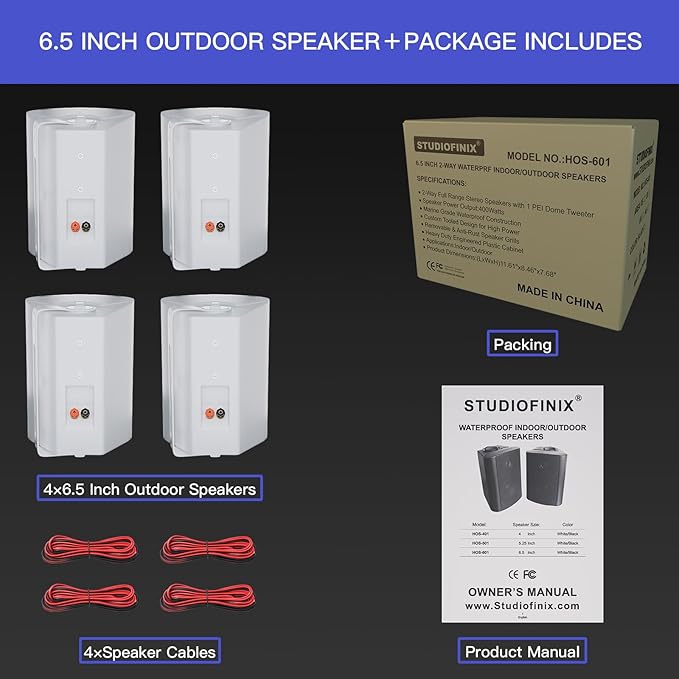 STUDIOFINIX 6.5 Inch Passive Indoor Outdoor Speakers Wired Waterproof with 800Watts, Wall Mount Speaker,for Patio,Covered Porch,Deck,Poolside(4 Speakers,White)