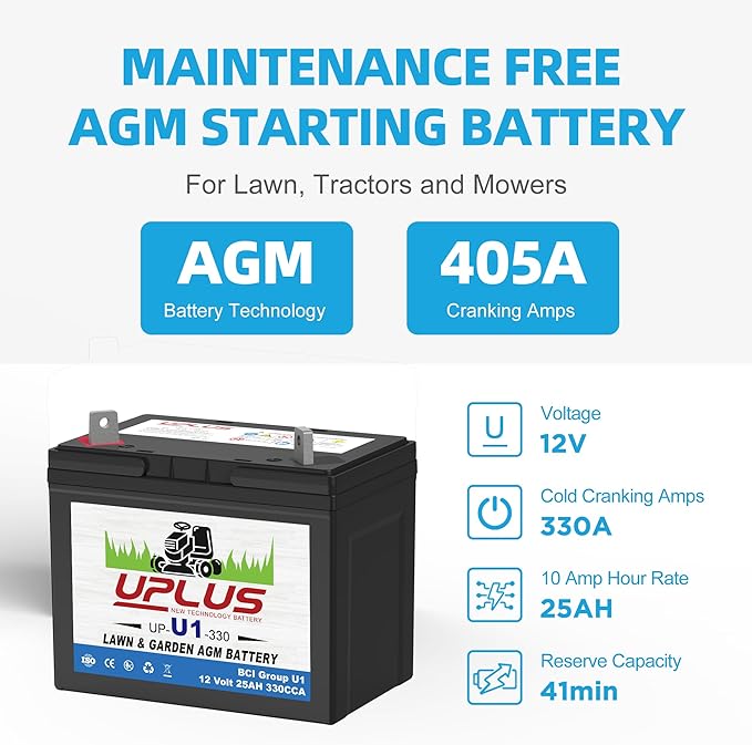 UPLUS U1 Riding Lawn Mower Battery, 12V 330CCA Garden Tractors Battery Maintenance Free AGM Batteries, Fit for John Deere, Cub Cadet, Husqvarna, Craftsman, Toro, Ariens, Poulan Pro and Troy-Bilt