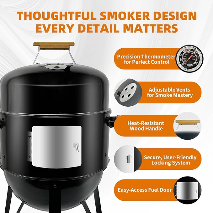 Realcook BBQ Charcoal Smoker Grill: Heavy Duty 17 Inch Vertical Meat Smokers - Porcelain-Enameled Charcoal Grill Smoker Combo for Outdoor Cooking Backyard Picnic Party Grilling