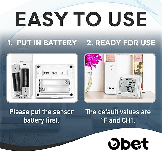 OBET Outdoor Thermometer Wireless Indoor Outdoor Digital Thermometer Greenhouse Thermometer Remote Temperature Monitor for House Home Room Patio B61-White