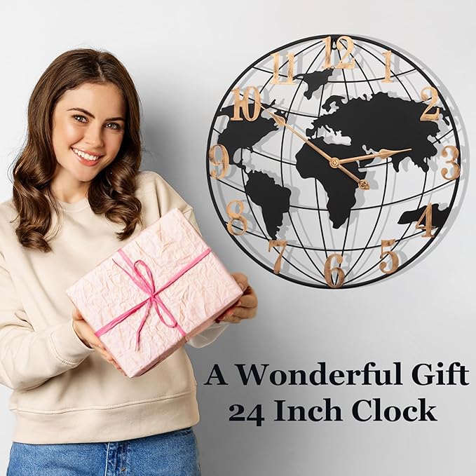Large Outdoor Clock, 24 Inch Big Metal Wall Clock Silent Battery Operated, Retro World Map Decorative Clock for Farmhouse, Kitchen, Living Room, Pool Area, Patio (Black - Bronze Arabic)