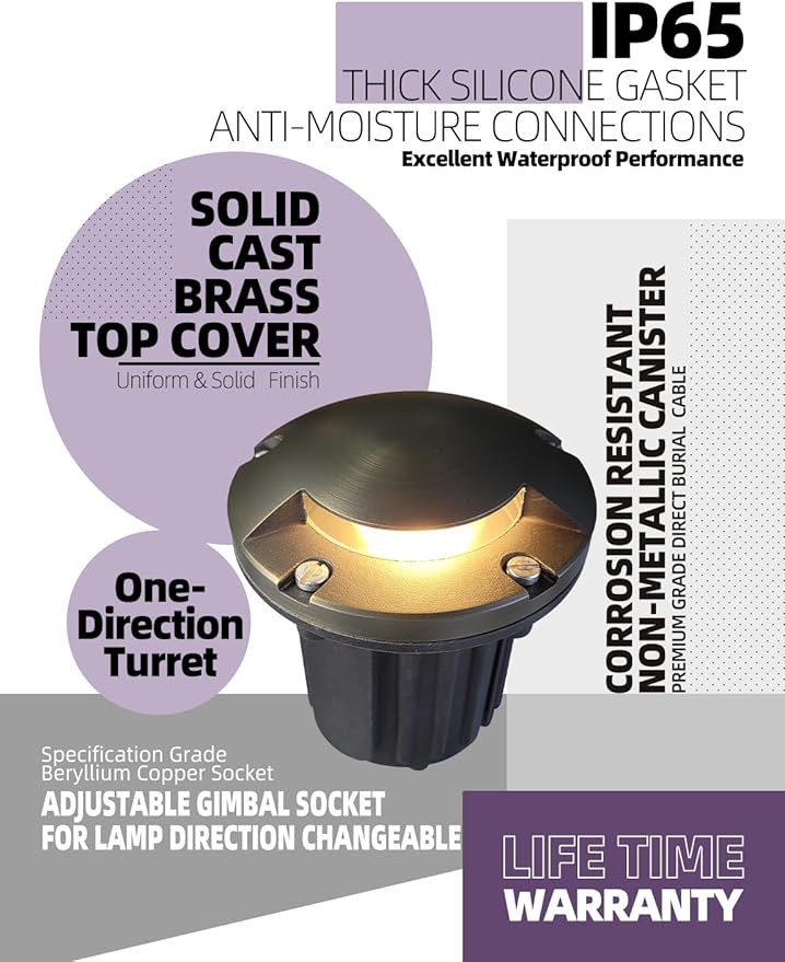 MALORY Low Voltage Landscape Well Lights,(5‘’H 12V Brass Top Cover Outdoor In Ground Lights,Landscape Lighting for Pathway, Driveway and Garden (One-Direction Turret, 1-Pack with Bulb)