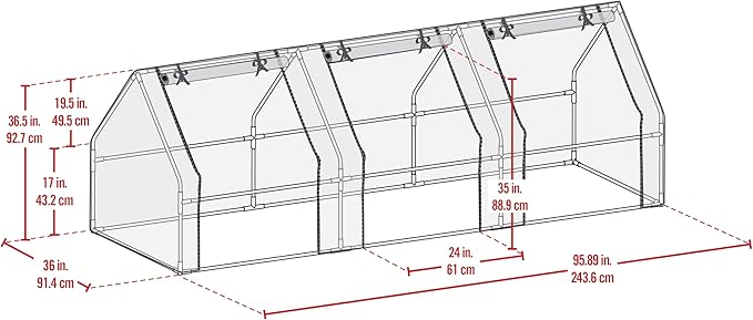 Miracle-Gro Mini Greenhouse 3’ x 8’ x 3’ with Clear PVC Cover, Zippered Access Panels, and Durable Steel Frame for Seed Starting, Translucent
