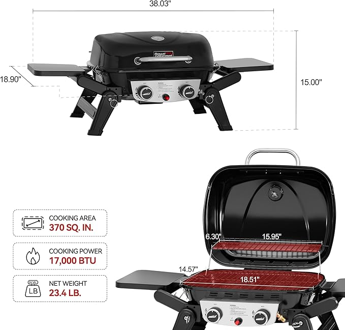 Royal Gourmet GT2005 2 Burner Portable Propane Gas Grill with Foldable Side Tables & Foldable Support Legs, Tabletop Gas Grill with Warming Rack for Outdoor Cooking & Grilling, Black