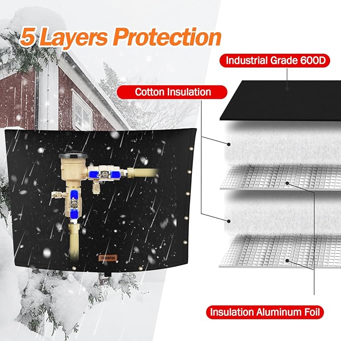 TOHONFOO 2-Way Opening Backflow Preventer Pipe Insulation Cover (5°F) - Irrigation Sprinkler Valve Cover - Water Well Pump Cover - Sturdy 5 Layers for Winter Freeze Protection (36" W x 24" H, Black)