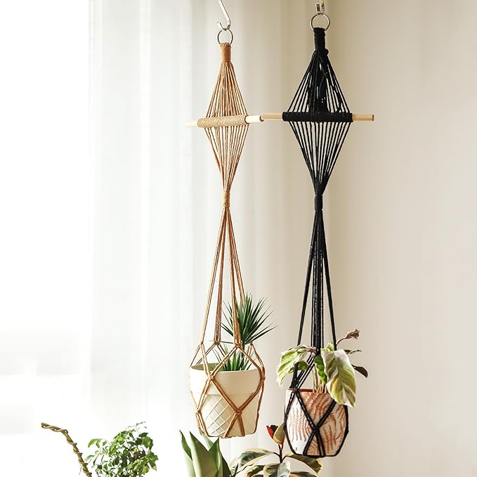 New Diamond Pattern Plant Hanger,2Pcs Handmade Macrame Plant Hangers Indoor with Wood Dowel,Large Crochet Boho Plant Hanger Holder for up to 10in Pot No Tassels (Caramel Wood Hanger)