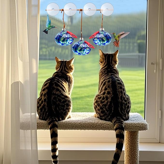 Window Hummingbird Feeder with Suction Cups,Hand-Blown Glass Hummingbird Feeders for Outdoors Window Mounted with Metal Hook,Close Bird Watching,Finch in Garden,Yard(Dotted Blue)