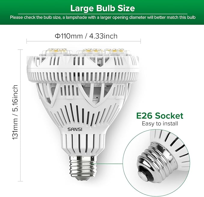 SANSI Dimmable Grow Light Bulb Full Spectrum, High PPFD 30W Grow Bulb (450 Watt Equiv) with Remote, Auto On Off Timing 4 8 12 Hrs, Energy Saving Plant Light Bulb with E26 Base for Indoor Plants