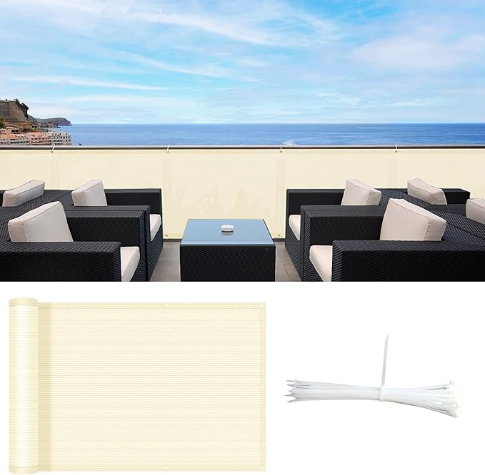 SUNLAX 3'x10' Butter Cream Balcony Privacy Screen Fence Windscreen Cover Fabric Shade Netting Mesh Cloth with Grommets UV Protection for Patio, Backyard, Porch, Railing Shield 90%
