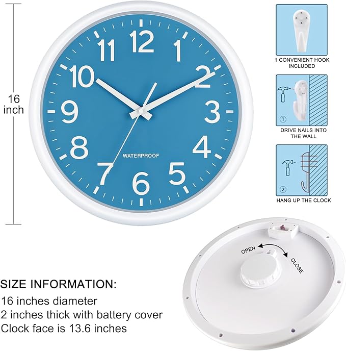 Caysie 16 Inch Sealed Large Outdoor Clock Waterproof, Silent Battery Operated Weatherproof Wall Clocks for Pool Patio Outside Home (White Blue)