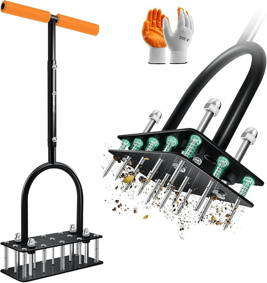 Lawn Aerator Tool, Manual Metal Spike Aerator Lawn Tool with Spring Base, Automatic Leaf and Dirt Cleaning, Grass Aerator for Lawn Care, Soil Loosening, Yard Aerating, Garden Tool