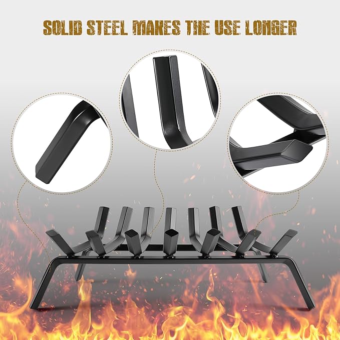 Fireplace Log Grate 24 Inch Cast Iron Fire Place Grates Heavy Duty Solid Steel 3/4” 7 bars Firewood Stove Indoor Chimney Hearth Outdoor Fire Pit Log Burning Rack