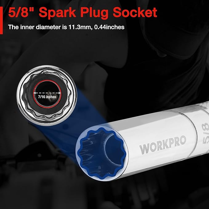 WORKPRO 5/8" Magnetic Spark Plug Socket with Magnetic Design, Swivel Thin Wall Spark Plug Socket, 3/8" Drive x 4" Total Length, 360 Degree Swivel, 12 Point
