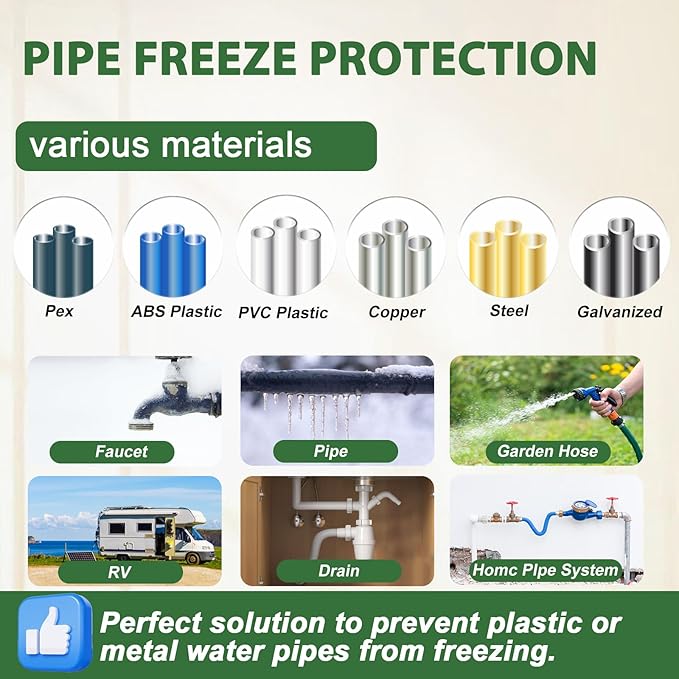 HEATIT Heat Tape for Water Pipe Freeze Protection Self-Regulating Heat Cable for Metal And Plastic Pipes Roof & Gutters De-Icing Heating Trace Tape Anti-Freeze Pipe Heater System 6ft Lighted Plug 16FT