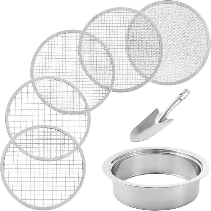 Soil Sifter Stainless Steel Riddle Sieve Set for Gardening with 5 Sizes 8" Diameter 1/3/6/9/12mm Interchangeable Meshes - Garden Potting Sieves with Shovel - Planting Soil Sifters Strains