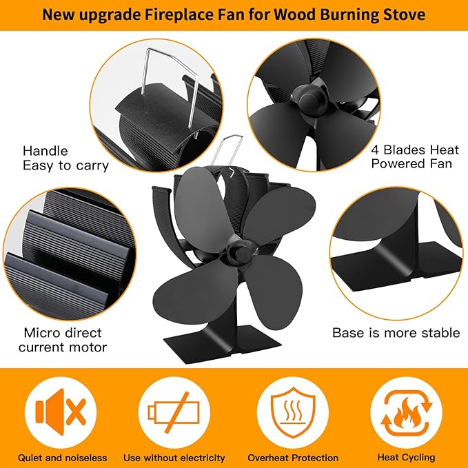 Wood Stove Fan Fireplace 4 Blade Heat Powered Stove Fans for Woods Log Wood Burner Fireplace Eco Friendly Fan for Home