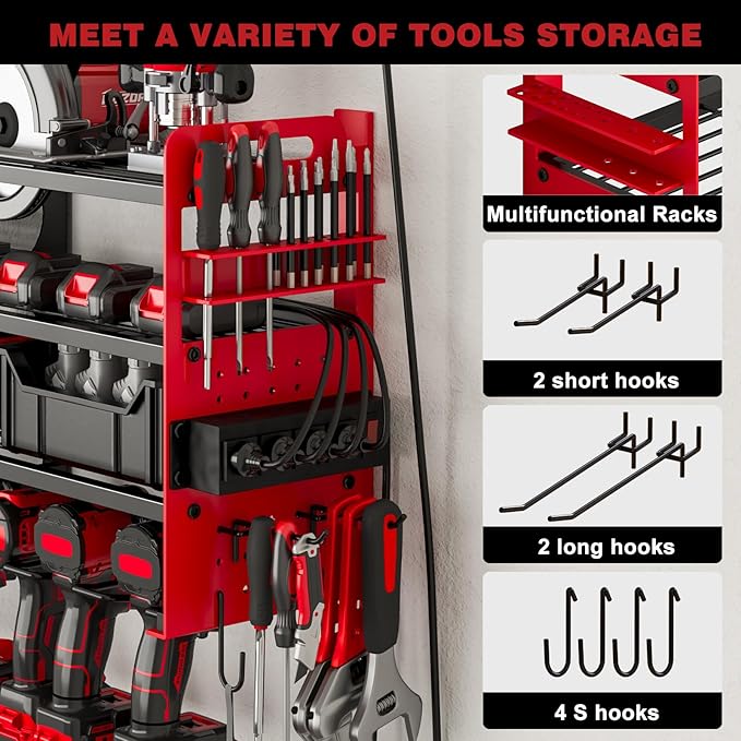 12 Cordless Drill Holder Large Power Tool Organizer Wall Mount with Side Pegboard & Screwdriver Holder, 4-Tier Heavy Duty Metal Tool Storage Rack with 4-Outlet Power Strip