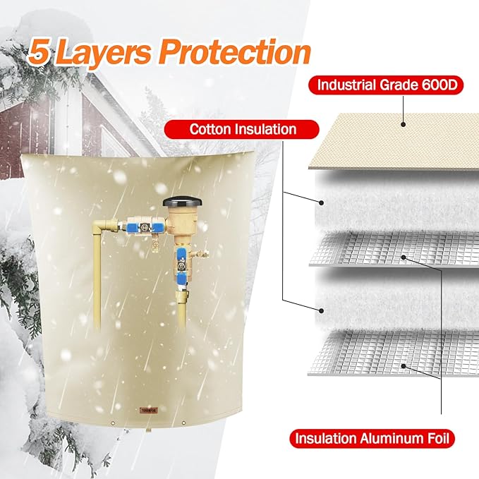 Backflow Preventer Pipe Insulation Cover (5°F) - Irrigation Sprinkler Valve Insulated Pouch - Water Well Pump Cover - Sturdy 5 Layers for Winter Freeze Protection, 24" W x 30" H, Beige