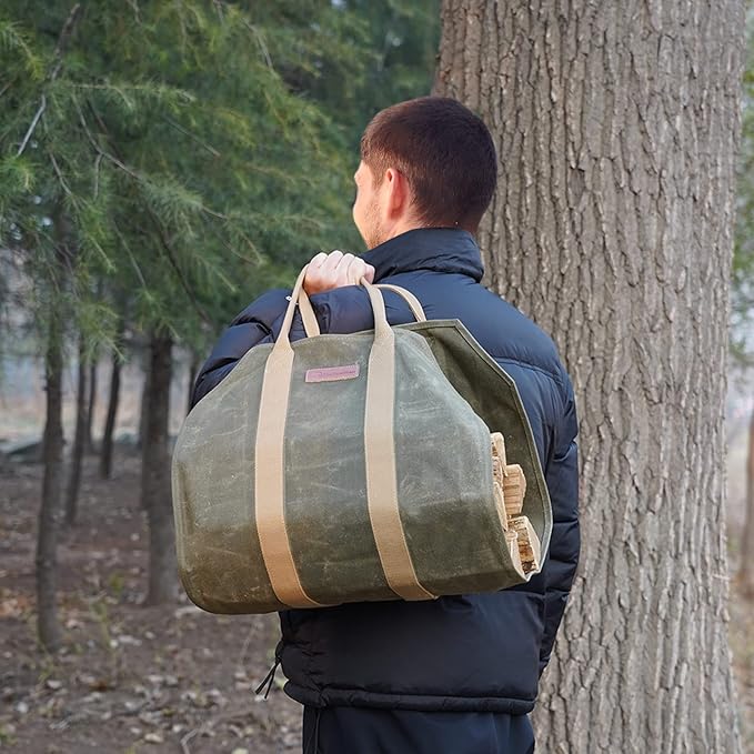 Sturdy Waxed Canvas Firewood Log Carrier, Durable Firepalce Wood Bag with Reinforce Duty Straps Green