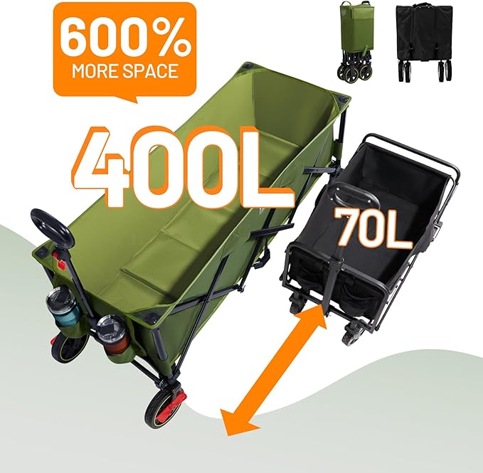 Timber Ridge 51.2'' Extended Collapsible Wagon Cart with Brakes and Cargo Net, Heavy Duty Foldable Utility Wagon with Adjustable Handle, 400L Capacity Portable Cart for Camping Sports Shopping