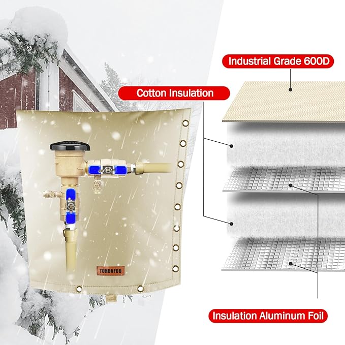 2-Way Opening Backflow Preventer Pipe Insulation Cover (5°F) - Irrigation Sprinkler Valve Cover - Water Well Pump Cover - Sturdy 5 Layers for Winter Freeze Protection (18" W x 34" H, Beige