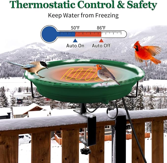 Lovppy Heated Bird Bath for Deck Railing, 100W Thermostatically Controlled Heated Bird Baths for Outdoors Bird Bath Heater, Heated Birdbath for Outside Winter Garden Patio Yard(Green)