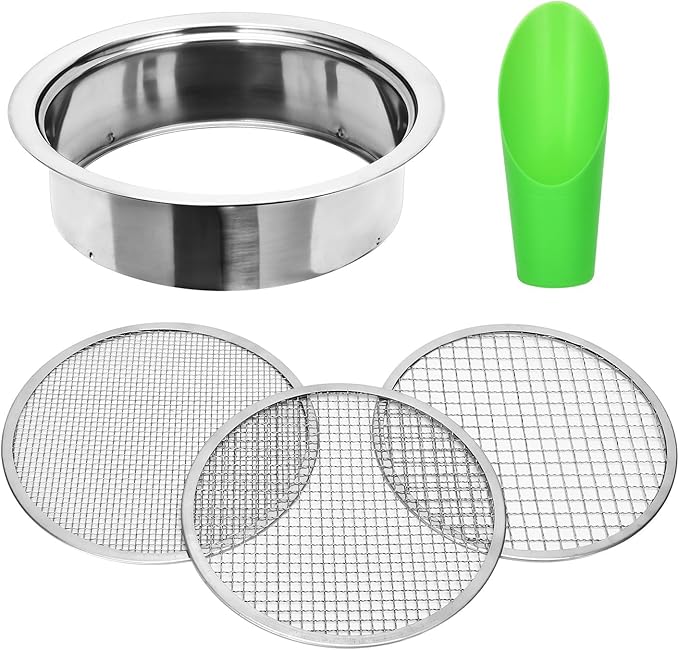 Soil Sifter Garden Soil Sieve Stainless Steel Sieve Set, with 3 Interchangeable Filter Mesh-3,6,9mm Sieve for for Dirt, Sand, Rock, Filtration, Compost