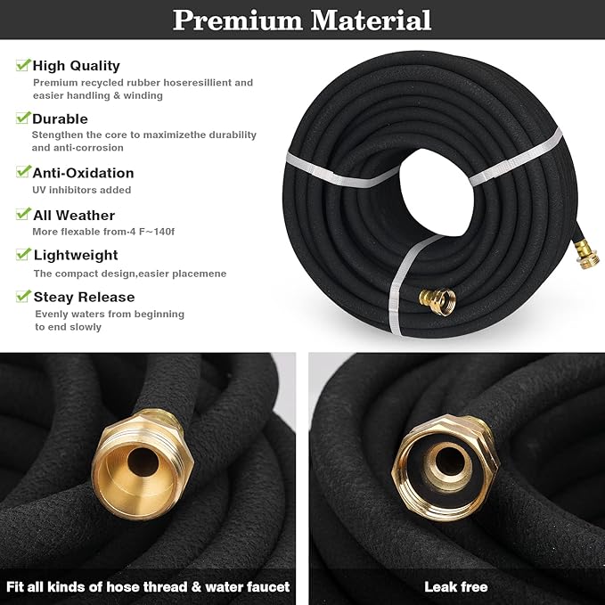 1/2" Soaker Hose for Garden Drip Hose Irrigation System with Solid Brass Fitting for Lawns Flower Beds & Vegetable Gardens (150FT)