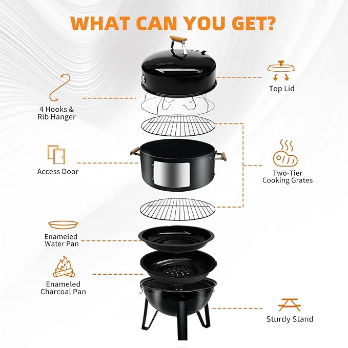 Realcook BBQ Charcoal Smoker Grill: Heavy Duty 17 Inch Vertical Meat Smokers - Porcelain-Enameled Charcoal Grill Smoker Combo for Outdoor Cooking Backyard Picnic Party Grilling