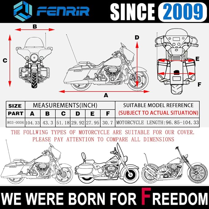 FENRIR 104" Motorcycle Cover Waterproof Outdoor Storage Compatible with Harley Davidson Street Glide Road Glide Electra Glide Road King Indian Challenger Chieftain Springfield R18B Honda Golde Wing