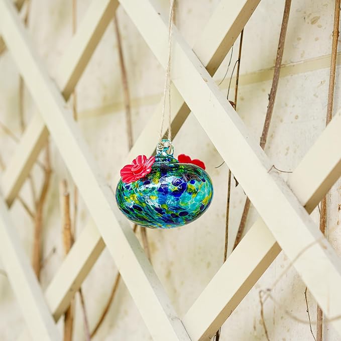 3.3OZ Glass Hummingbird Feeder with 2 Feeding Ports Blown Glass Hummingbird Feeder for Outdoors Hanging Garden Patio Decoration Uniques Gifts for Women