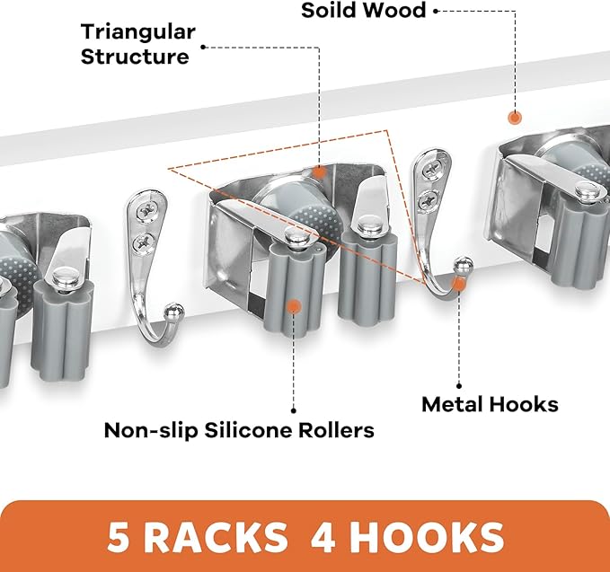 IMILLET Broom Holder Wall Mount, Wood Broom Holder with 5 Racks and 4 Hooks Broom Organizer, Laundry Room Organization and Storage, Mop Hanger for Home Organization, Garden, Garage, Closet (White)