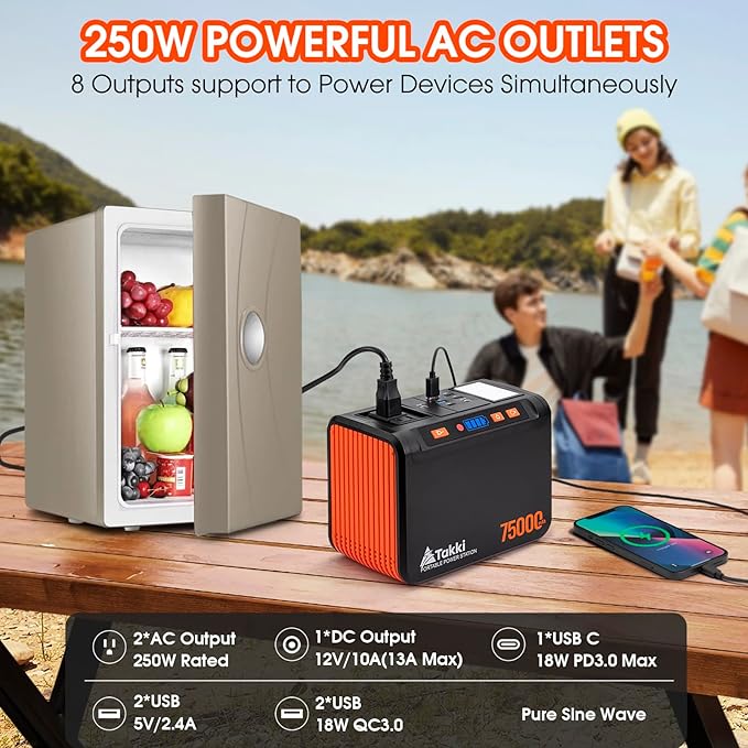 Takki Portable Power Station 277Wh, Camping Backup Lithium Battery, 110V/250W Pure Sine Wave AC Outlet, Solar Generator for CPAP Home Use Backup Emergency Camping