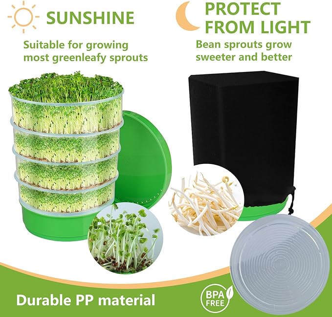 Stackable Seed Sprouter Kit, Microgreens Growing Kit with Drain Holes and Drain Tray, Mini Plant Grow Trays, Fresh Organic Bean Seed Sprouter Tray, Soil-Free Sprouter Tray for Beans Alfalfa Seeds