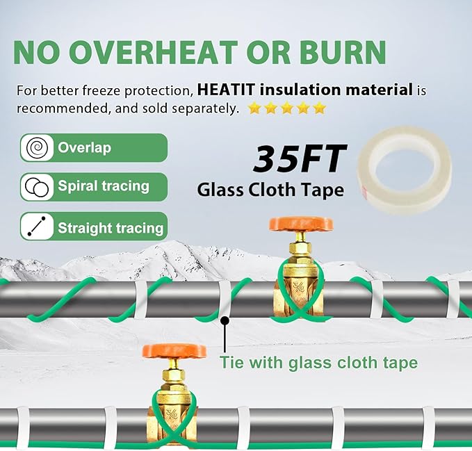 HEATIT Heat Tape for Water Pipe Freeze Protection Self-Regulating Heat Cable for Metal And Plastic Pipes Roof & Gutters De-Icing Heating Trace Tape Anti-Freeze Pipe Heater System 6ft Lighted Plug 12FT