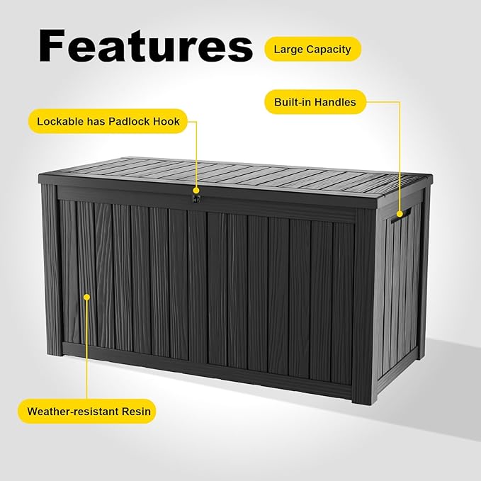 DRATO 150 Gallon Outdoor Storage Box, Large Waterproof Deck Box, Lockable Resin Storage Container with Reinforced Support for Patio Cushions, Garden Tools, UV-Resistant Outdoor Chest(Black)