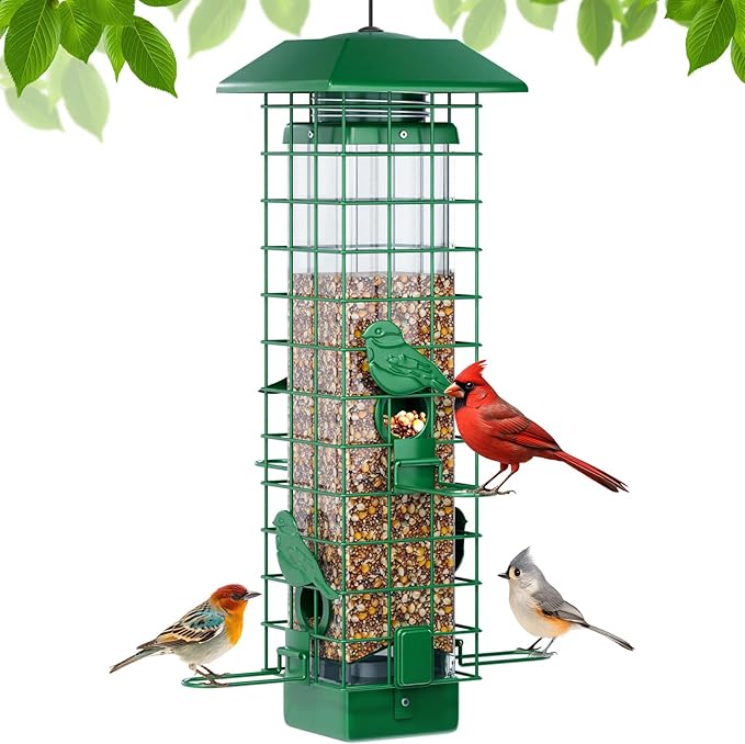 Squirrel Proof Bird Feeder, Metal Bird Feeders for Outdoors Hanging, Weight Activated, 3Lb Capacity, 4 Ports, All-Weather Tube Bird Feeder for Outside, Cardinal Finch Bluebird Wild Bird Feeder