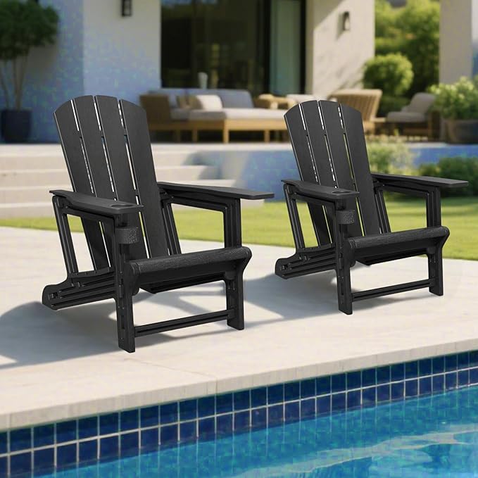 Adirondack Chair Set of 2, Plastic Adirondack Chairs, Outdoor Weather Resistant Lawn Furniture, Fire Pit Chair with Cup Holder for Garden Patio Without Screws Install, 400 LBS Capacity, Black