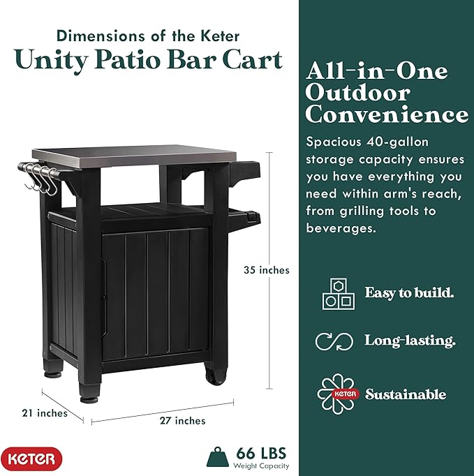 Keter Outdoor Grill Prep Table & Serving Cart, Stainless Steel Top, Unity, 40 Gal, Brown - Portable Bar Table and Cooking Accessory for Pool, Patio, Lawn, and Backyard