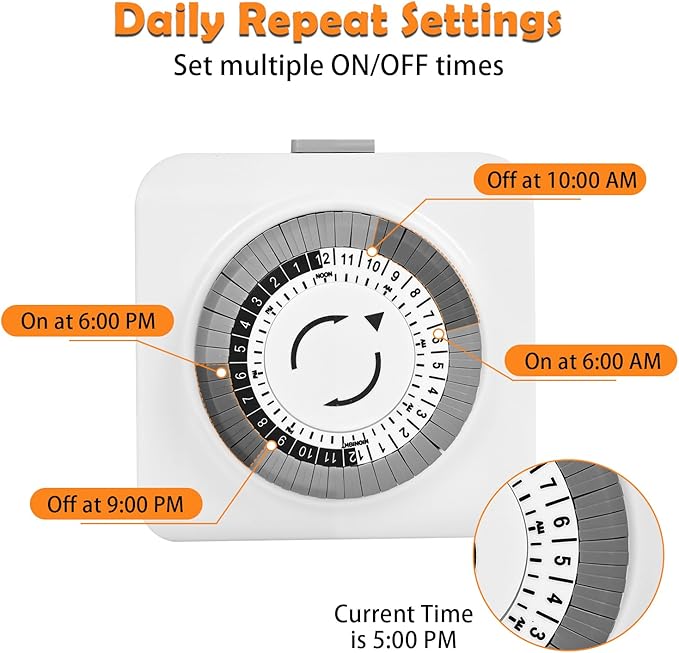 Timers for Electrical Outlets Indoor, 24-Hour Plug-in Mechanical Outlet Timer, 30 Minute Intervals, 2 Prong Light Timers, Daily On/Off Cycle for Christmas Tree, ETL Listed, 2Pack