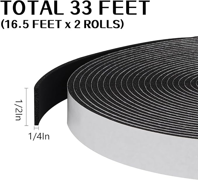 Storystore Foam Insulation Tape Self Adhesive, 1/2In x 1/4In x 33Ft Weather Stripping for Doors and Windows, Sound Proof Soundproofing Door Seal, Weatherstrip, Air Conditioning Seal Strip